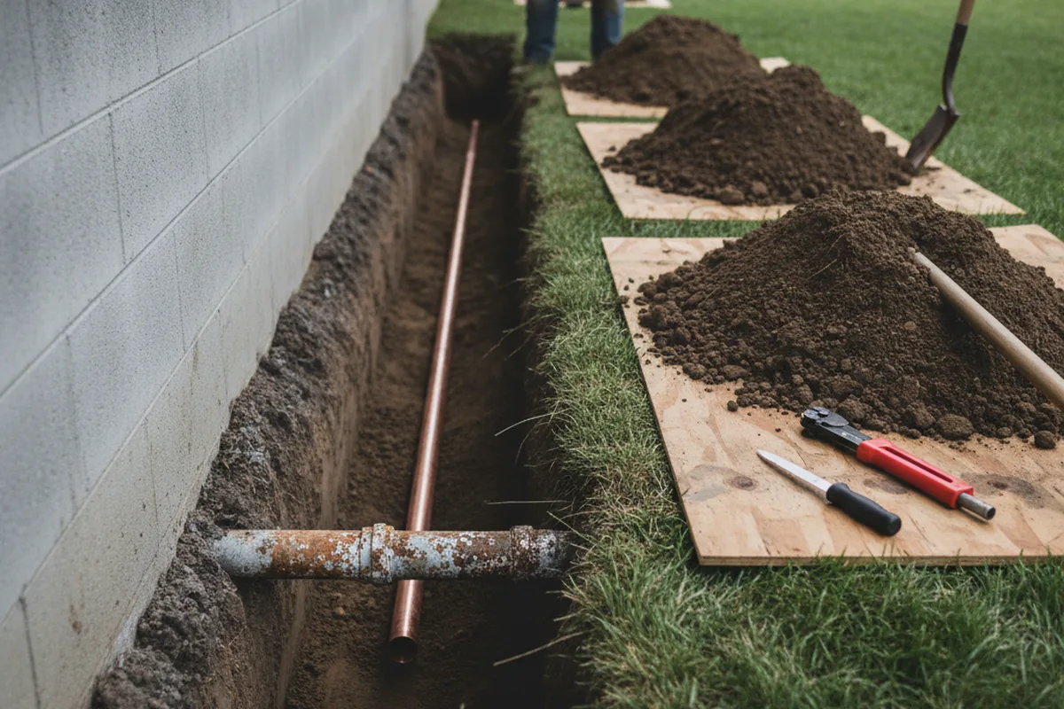 Excavated water line trench during Water Heater Repair in Creighton